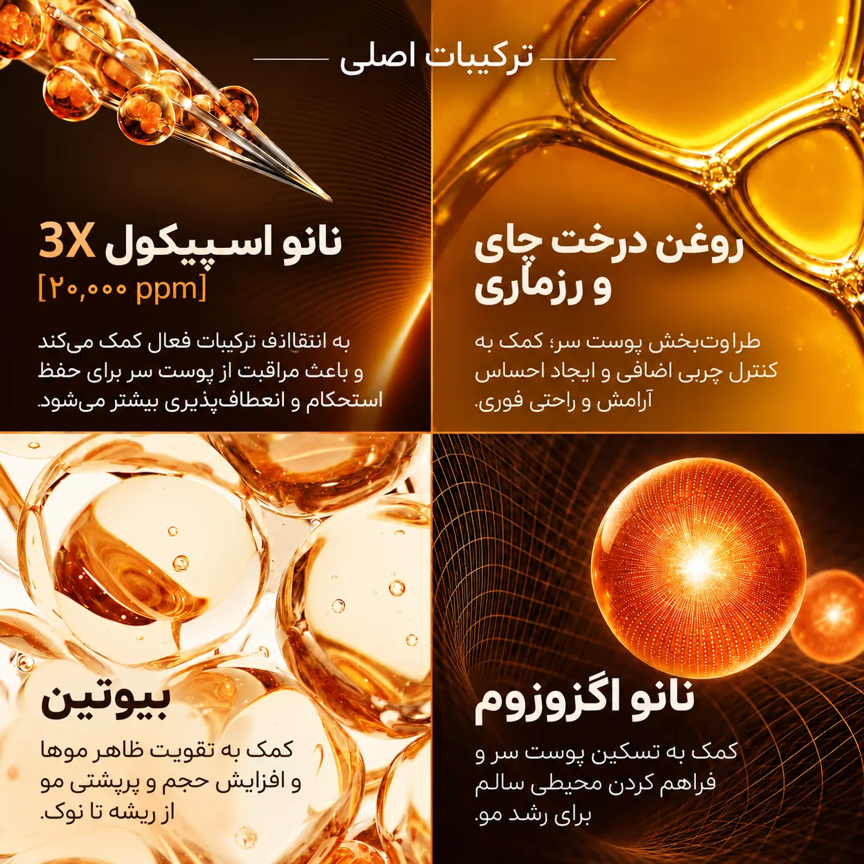 اینفوگرافیک ترکیبات آمپول ضد ریزش مو اگزوزوم لیلیوئه با چهار بخش تصویری در طیف رنگ‌های قهوه‌ای و طلایی